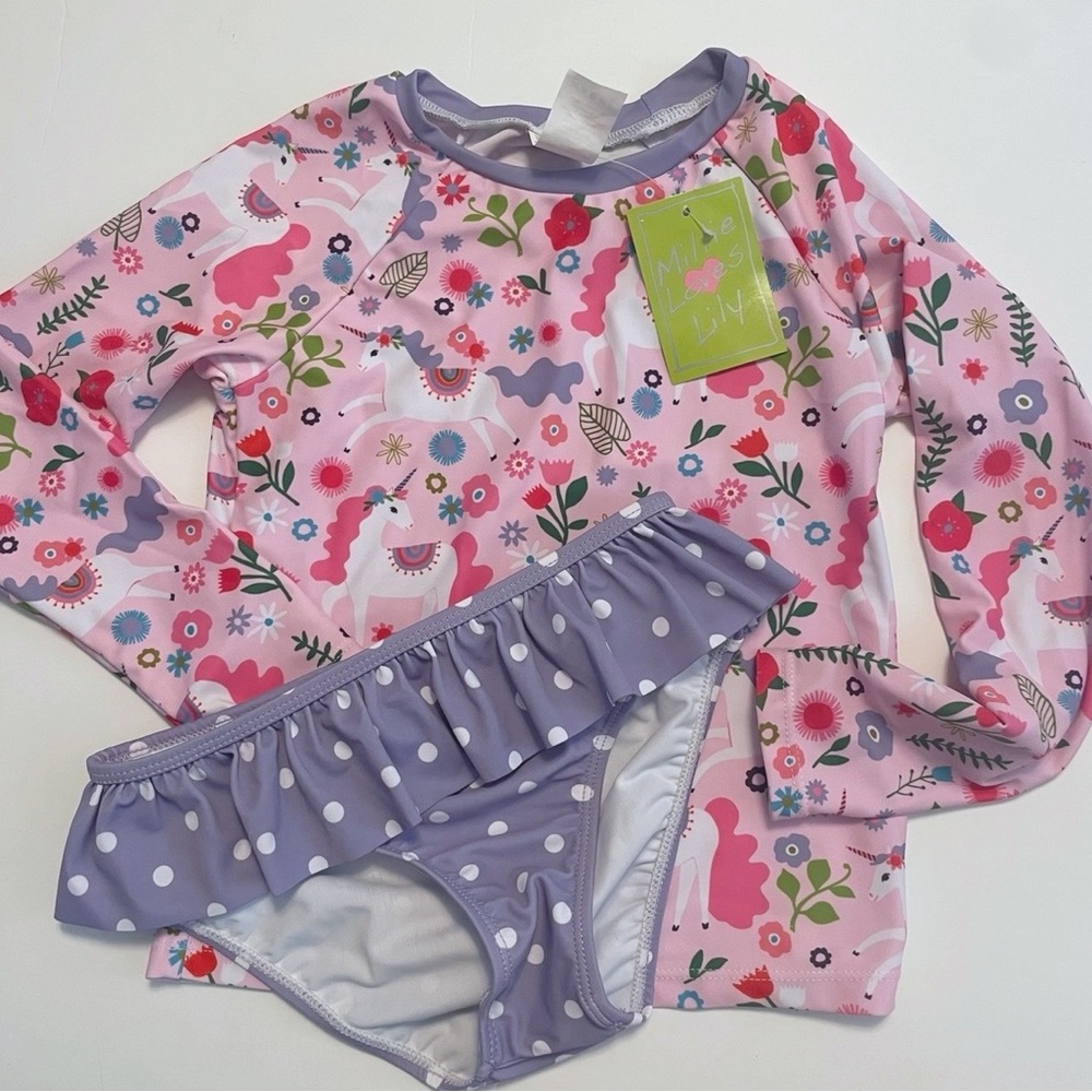 New Girls' Unicorn Print Long-Sleeve Rash Guard Set - size 7